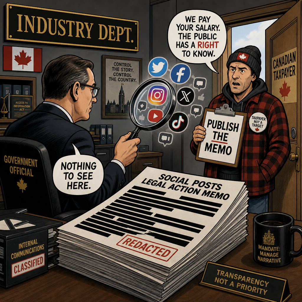 Editorial cartoon showing a redacted social posts legal action memo while a taxpayer demands publication of the memo