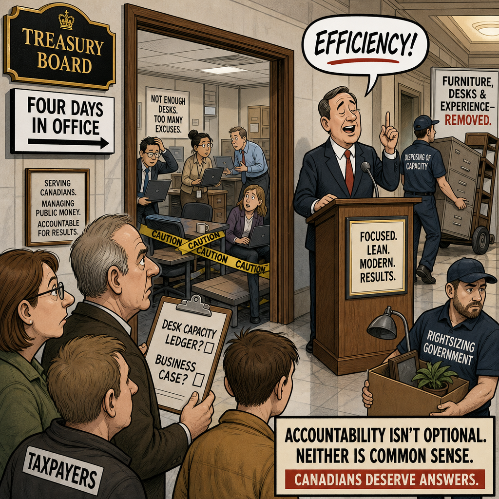 Editorial cartoon showing a federal four-day office mandate with too few desks while taxpayers ask for a desk-capacity ledger