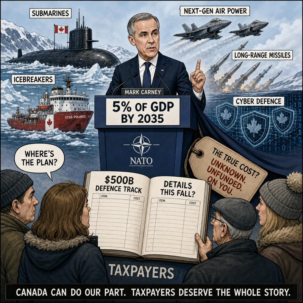 Editorial cartoon showing Mark Carney at a NATO podium hiding a giant defence price tag while taxpayers demand the C$500B defence-spending ledger