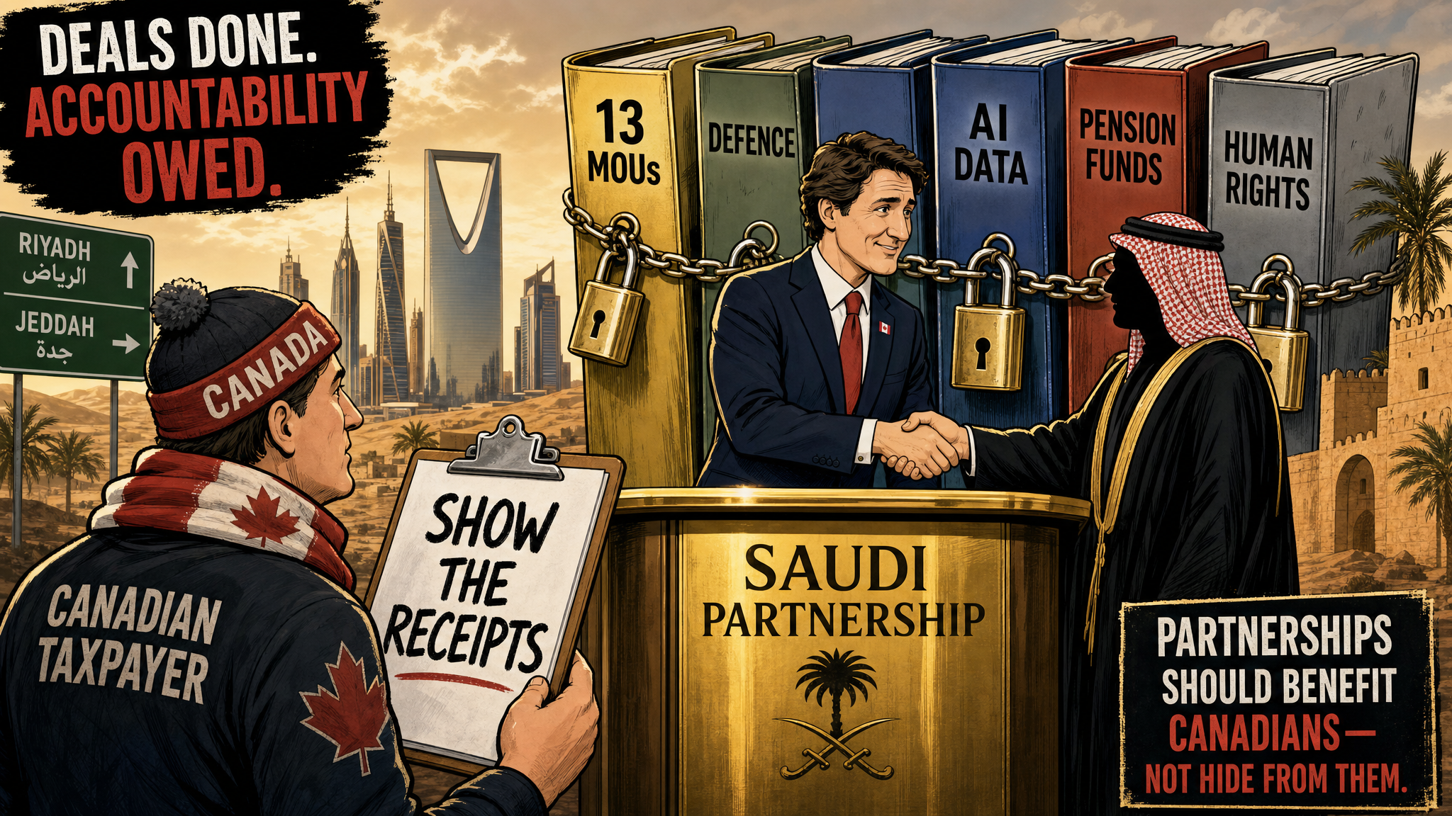 Editorial cartoon showing Ottawa's Saudi partnership podium while taxpayers demand the defence, AI, pension-fund and human-rights receipts