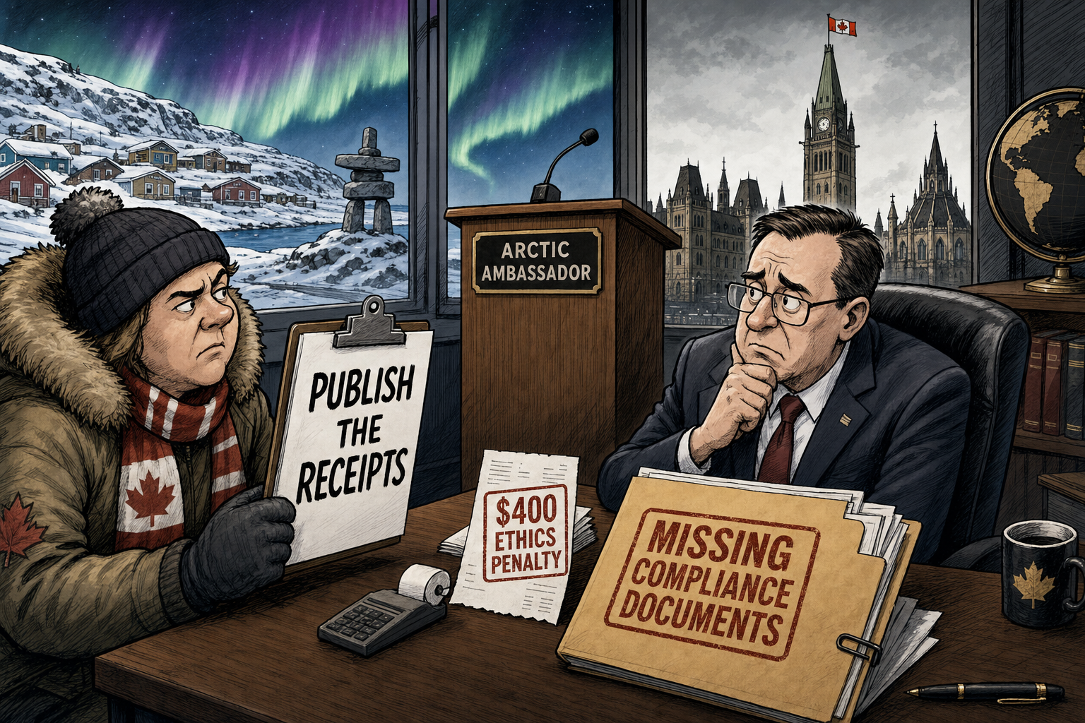Editorial cartoon showing an Arctic Ambassador ethics penalty receipt and missing compliance documents while a taxpayer asks to publish the receipts