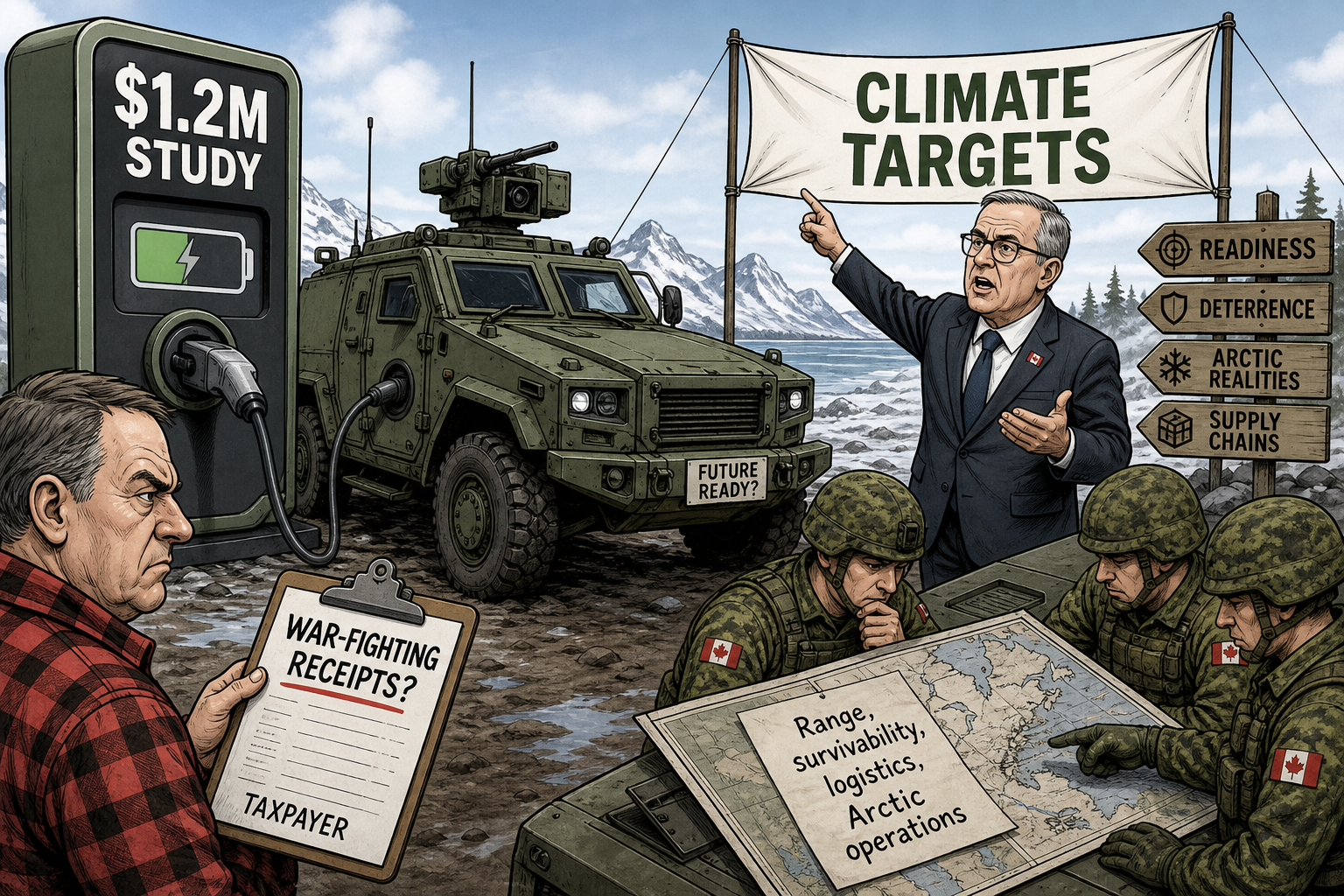 Editorial cartoon showing a zero-emission armoured vehicle charging beside a taxpayer demanding war-fighting receipts