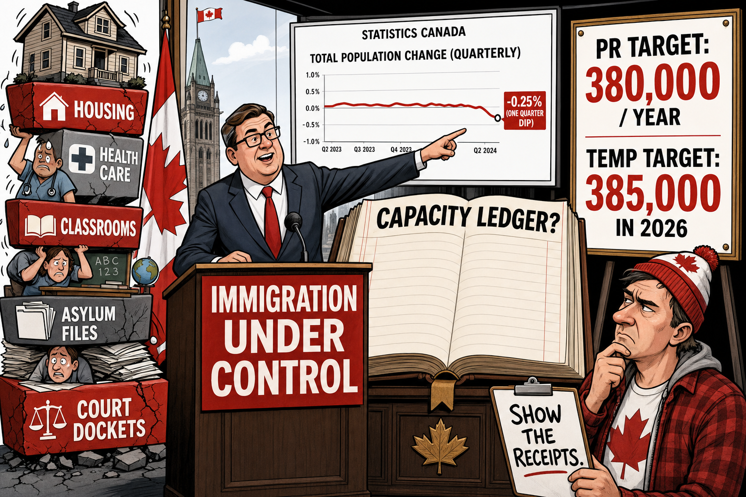 Editorial cartoon showing Ottawa pointing to a small population dip while taxpayers demand an immigration capacity ledger