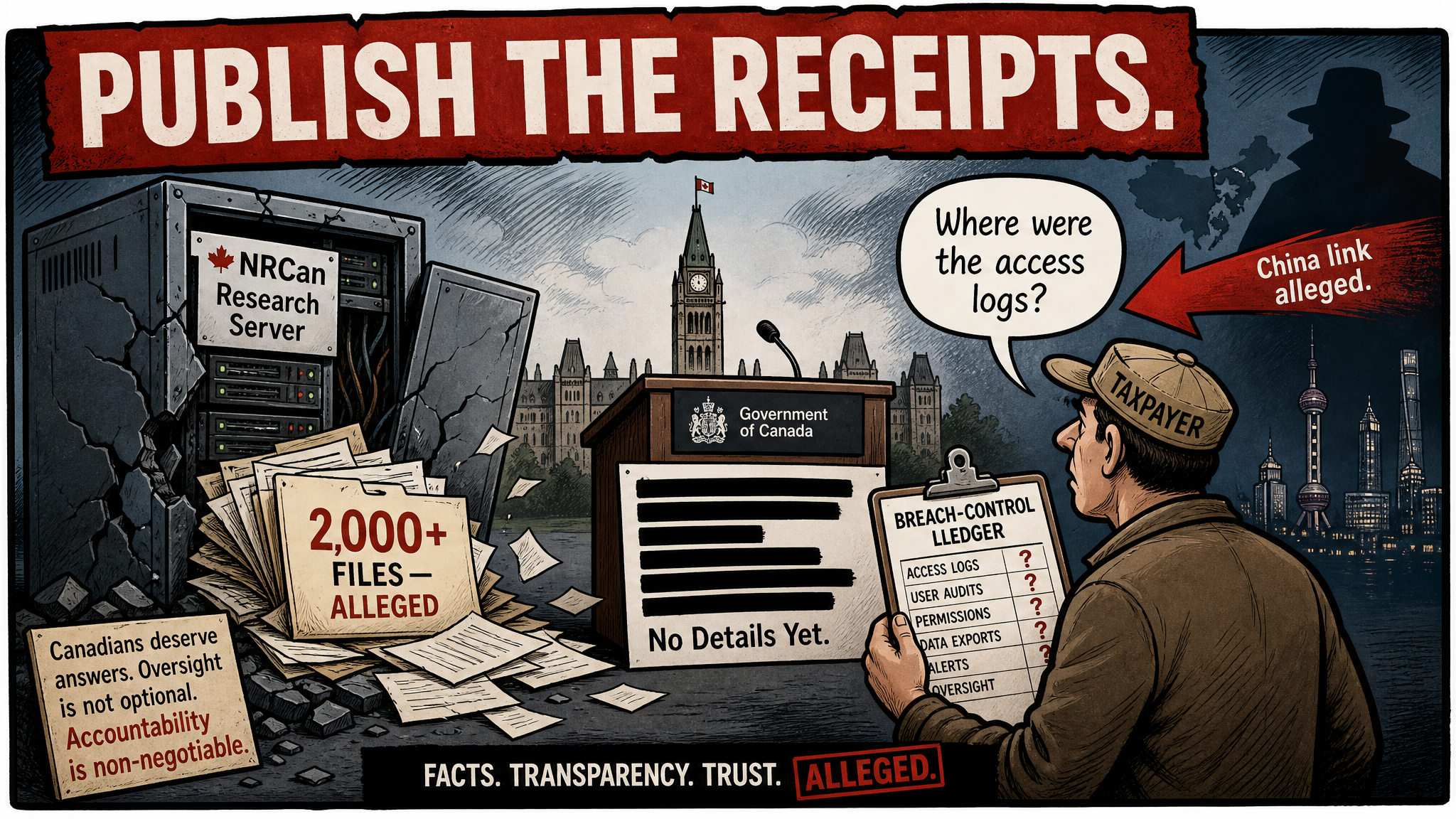 Editorial cartoon showing an NRCan research server spilling alleged files while a taxpayer demands a breach-control ledger