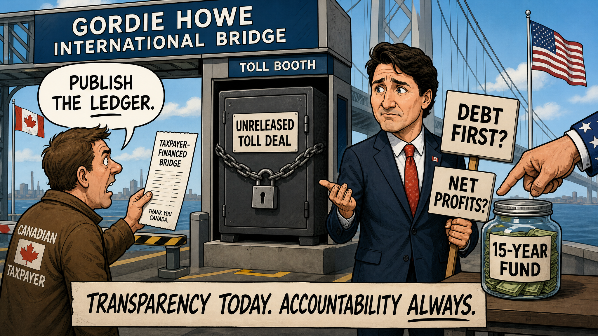 Editorial cartoon showing the Gordie Howe Bridge toll booth with a locked secret toll deal cabinet while taxpayers demand the ledger