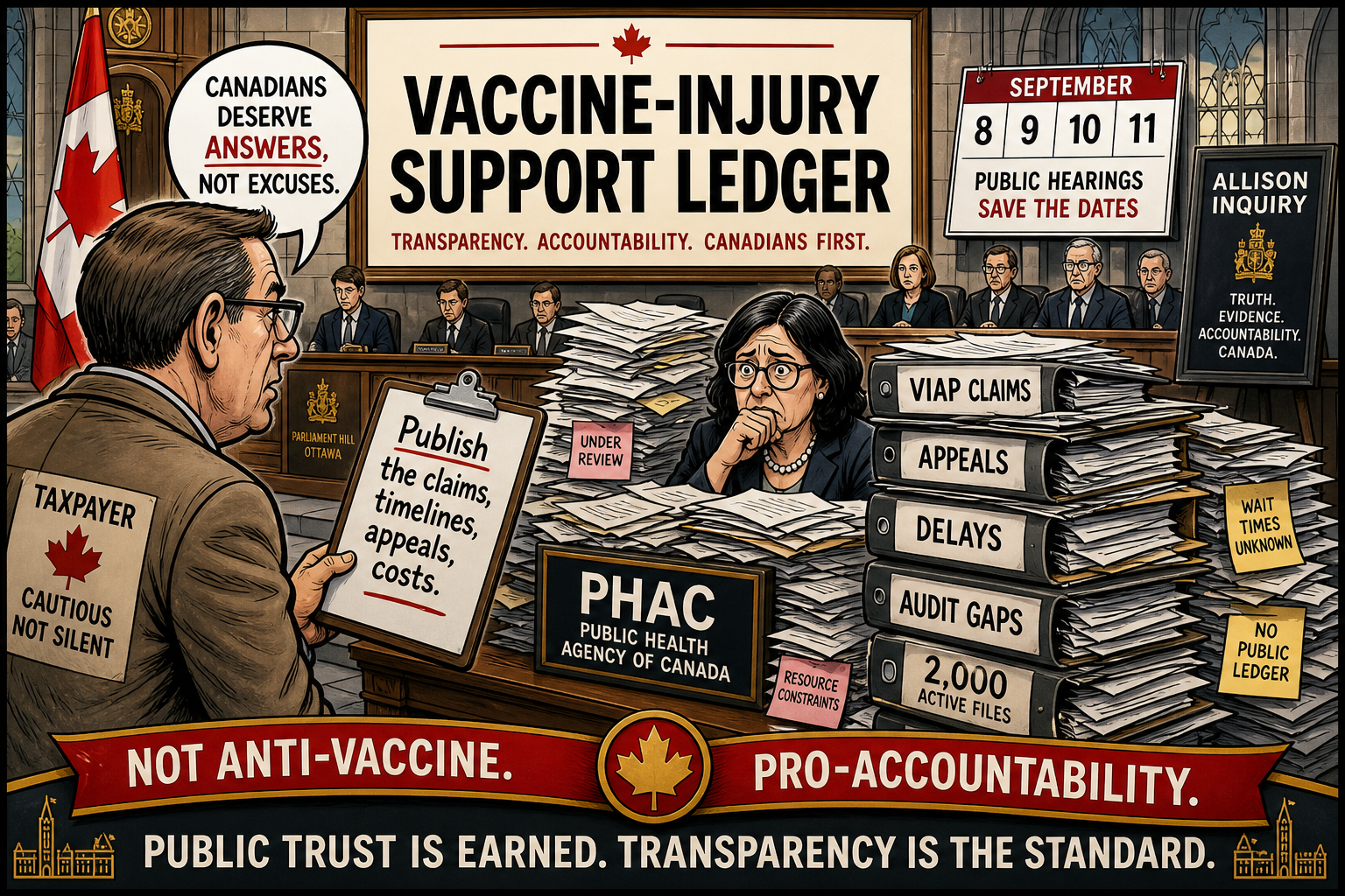 Editorial cartoon showing PHAC vaccine-injury files, Allison Inquiry hearings and a taxpayer demanding a public support ledger