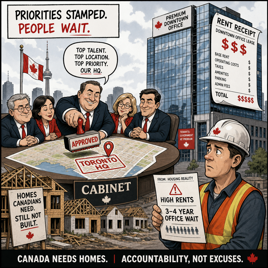 Editorial cartoon showing Cabinet choosing a Toronto headquarters for Build Canada Homes while a housing worker holds warnings about high rents and office delays