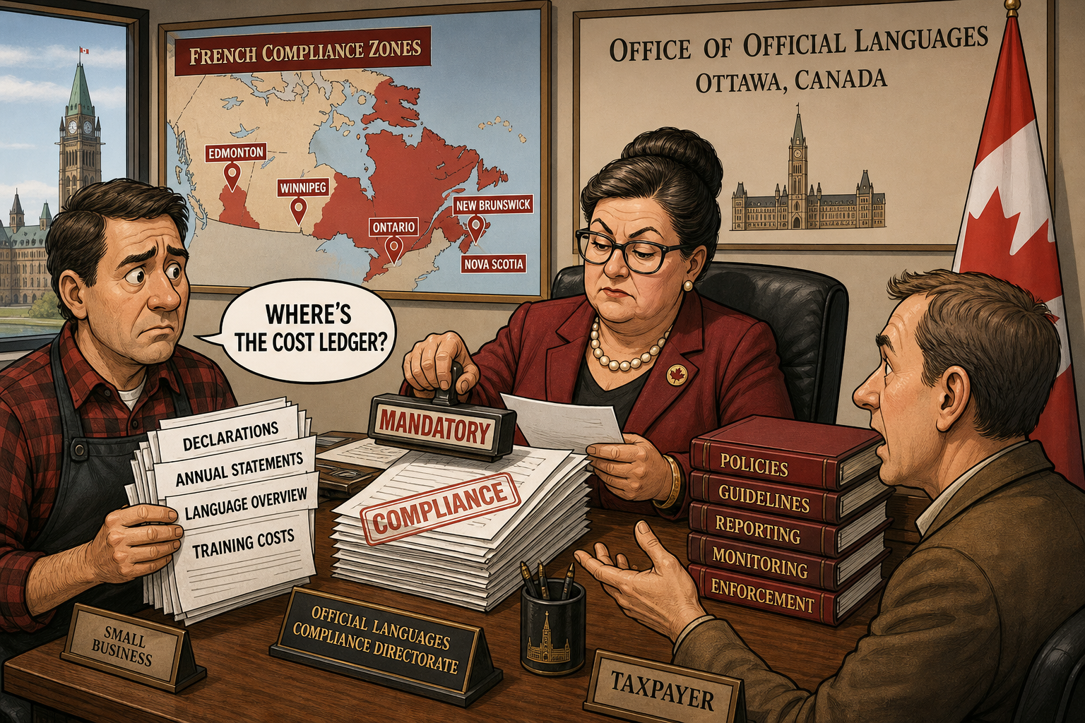 Editorial cartoon showing a federal French compliance-zone map while a taxpayer asks for the cost ledger
