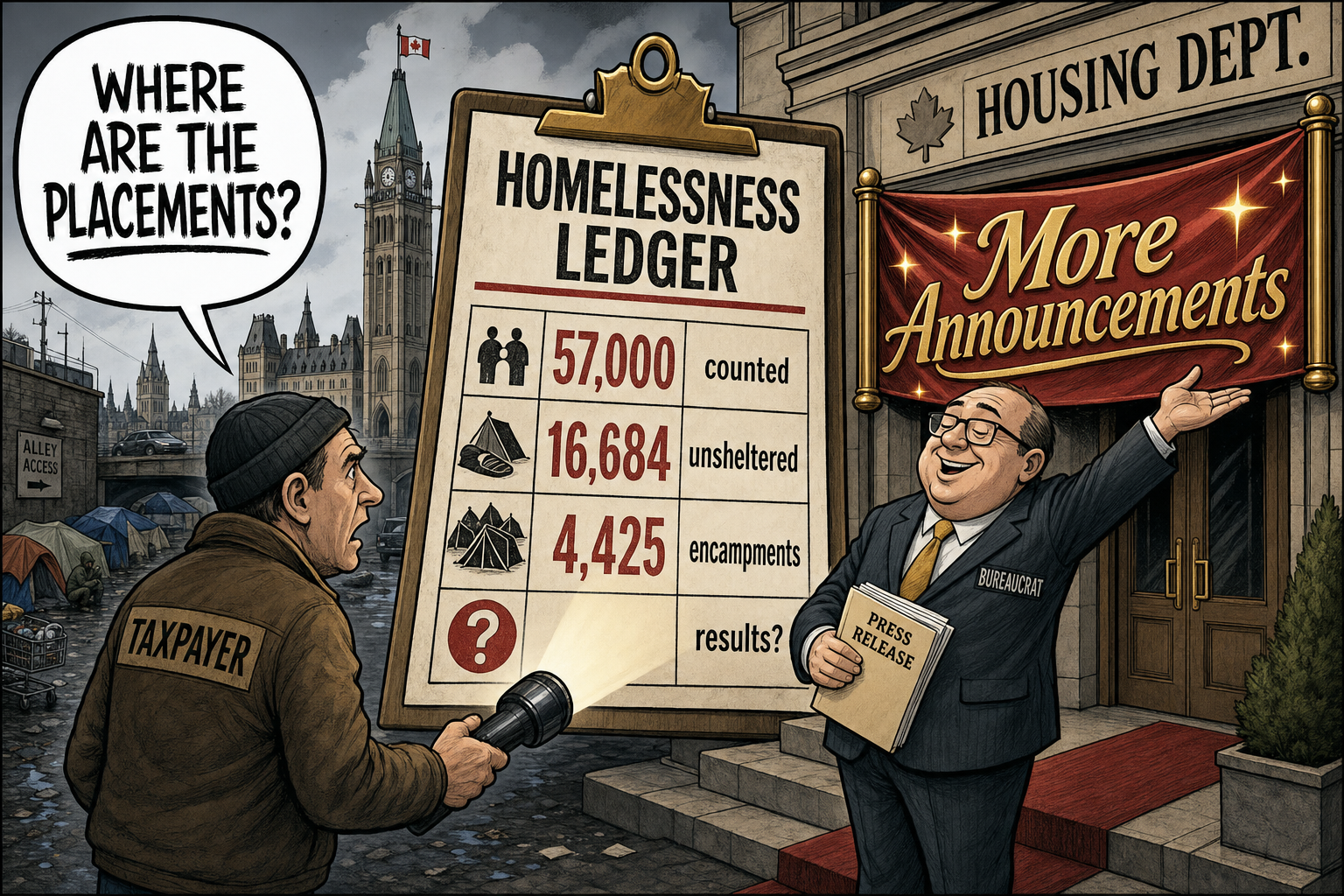 Editorial cartoon showing an Ottawa housing department ledger for homelessness counts while a taxpayer asks for placement results