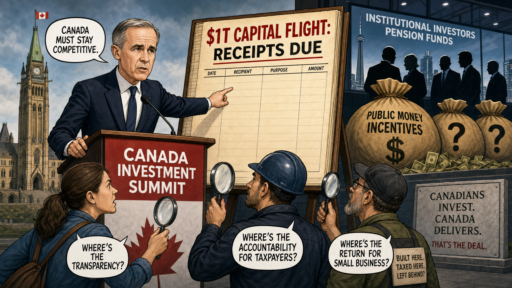 Editorial cartoon showing Carney at a Canada Investment Summit podium while taxpayers demand a $1 trillion capital-flight receipt ledger