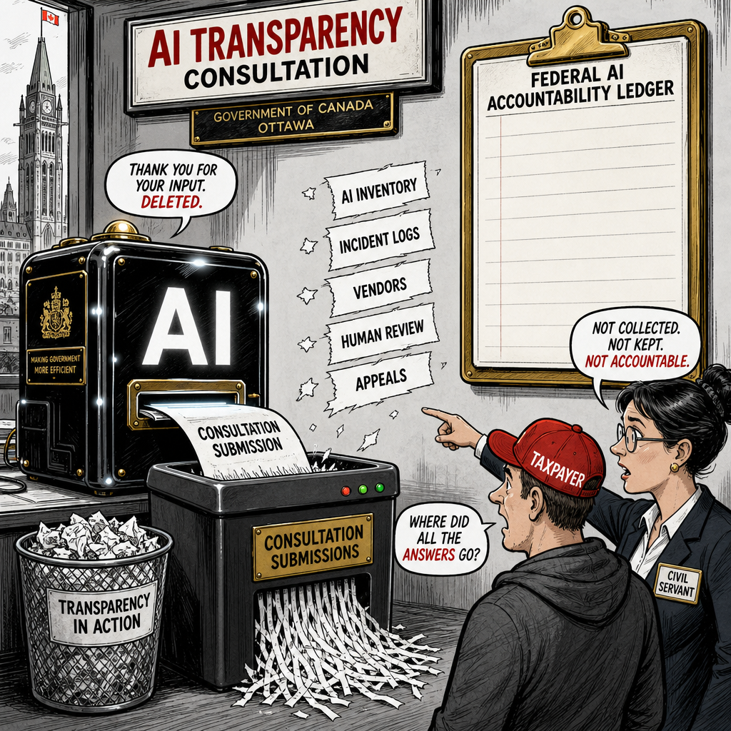 Editorial cartoon showing an AI transparency consultation black box while taxpayers ask for a federal AI accountability ledger
