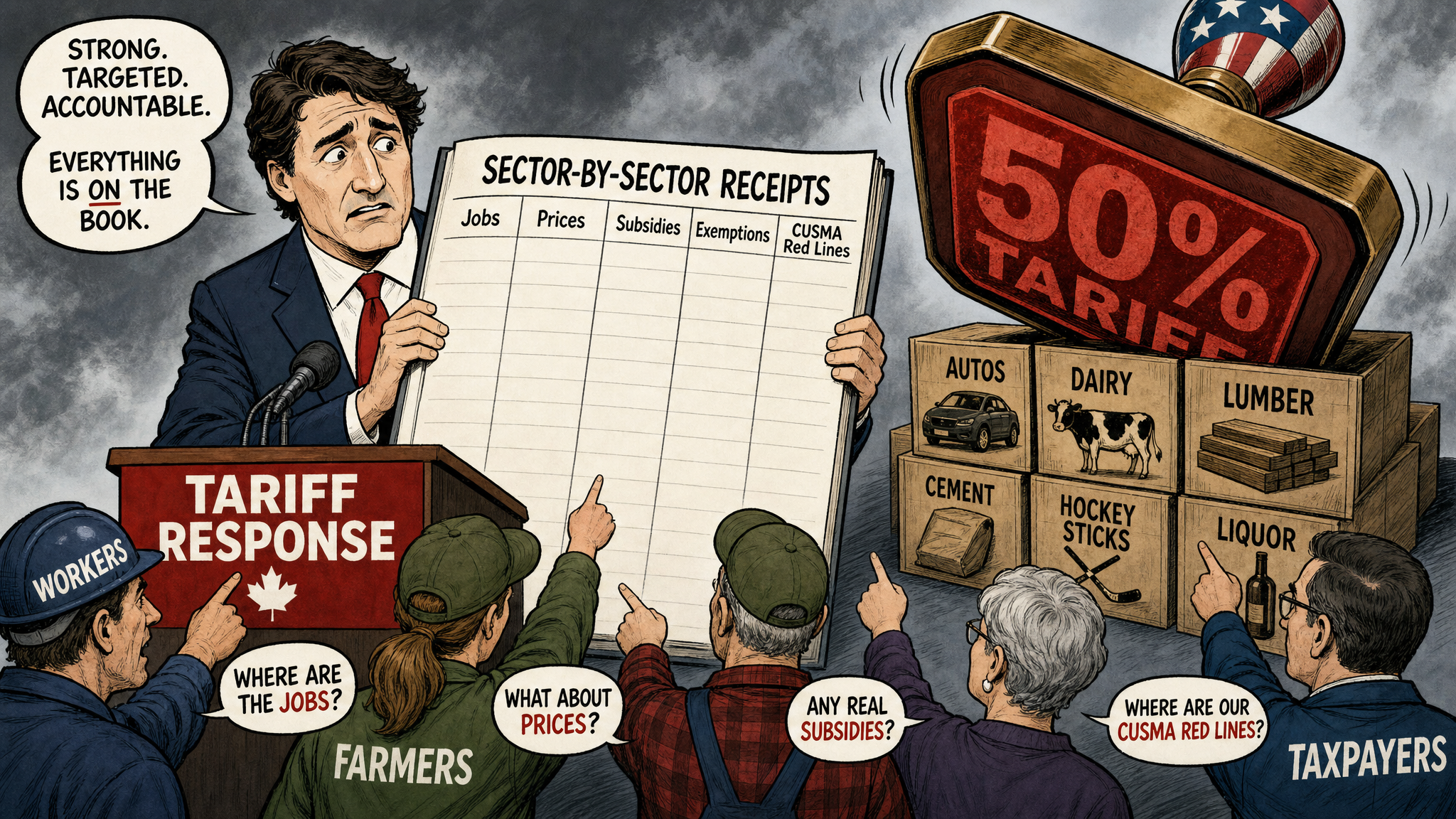 Editorial cartoon showing a tariff response ledger while Canadian workers and taxpayers demand sector-by-sector receipts
