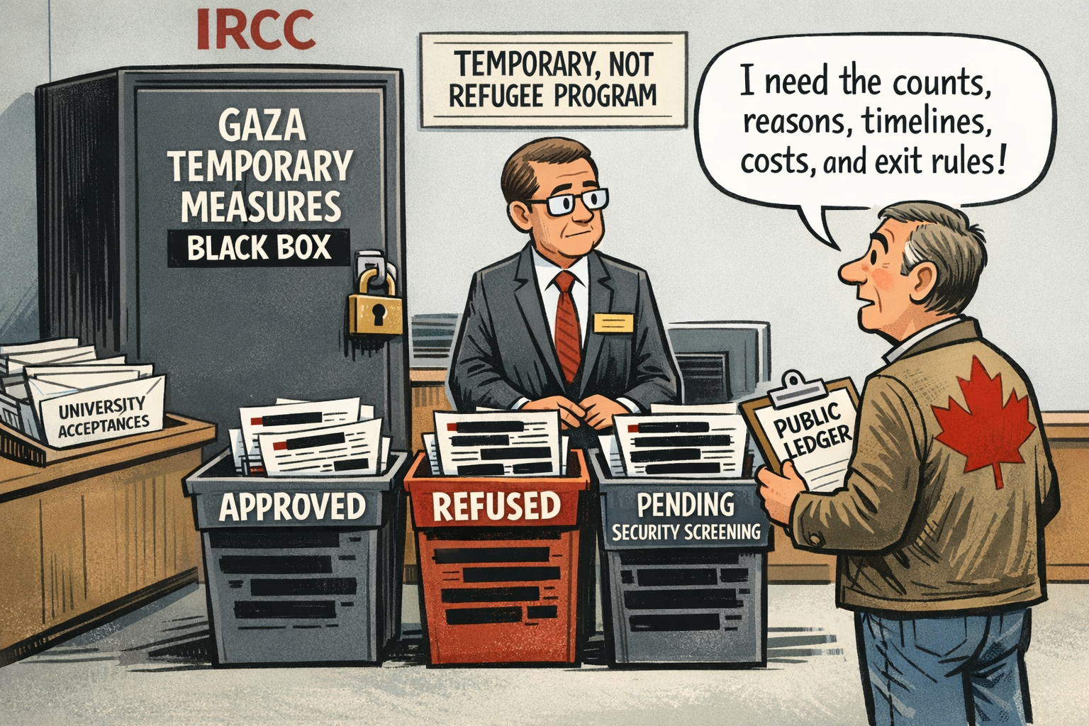 Editorial cartoon showing an IRCC Gaza temporary measures black box with approval refusal and security screening bins while a taxpayer demands a public ledger