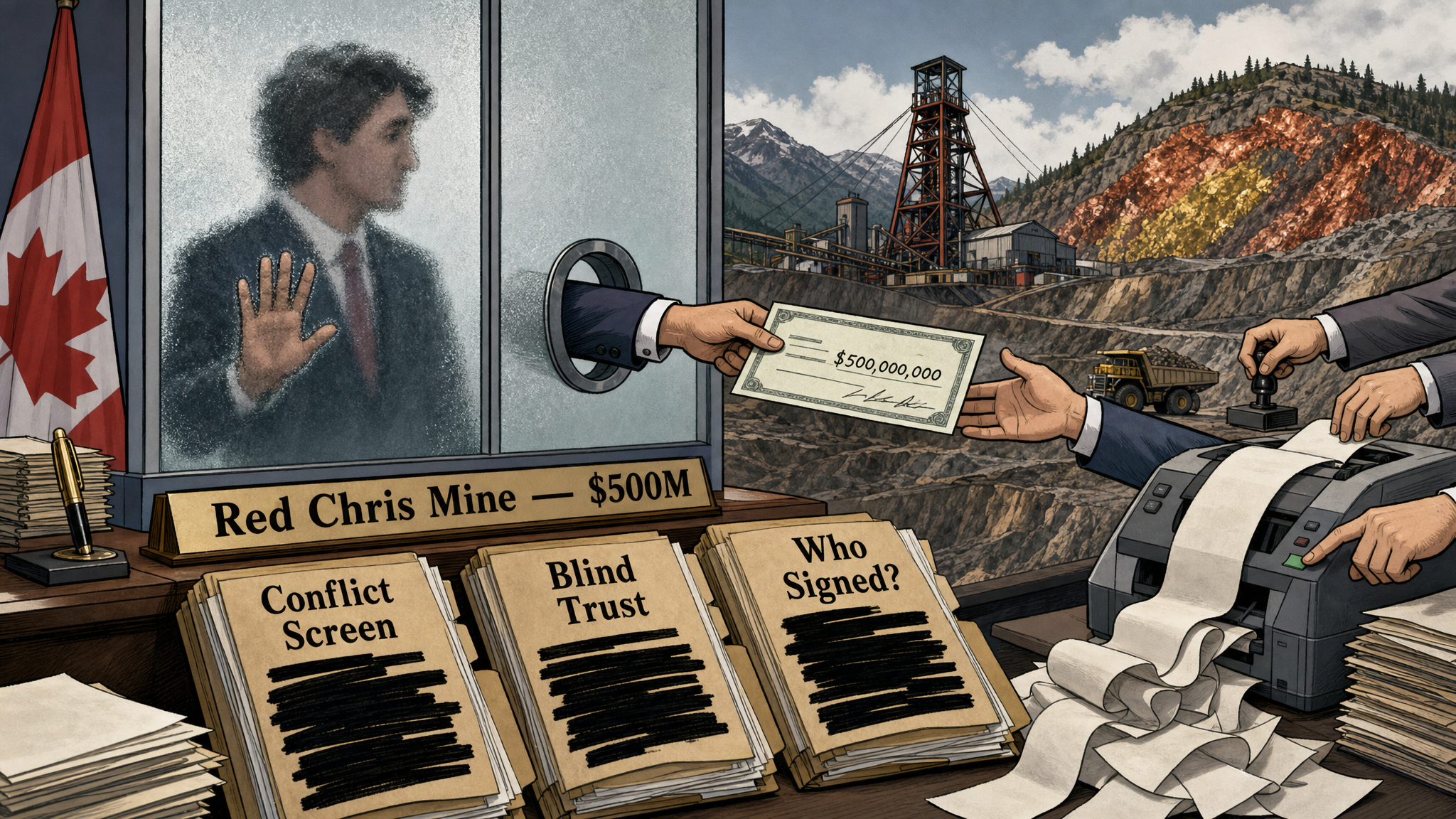 Editorial cartoon showing the Red Chris Mine expansion cheque, a conflict-screen folder and taxpayers demanding who signed the file