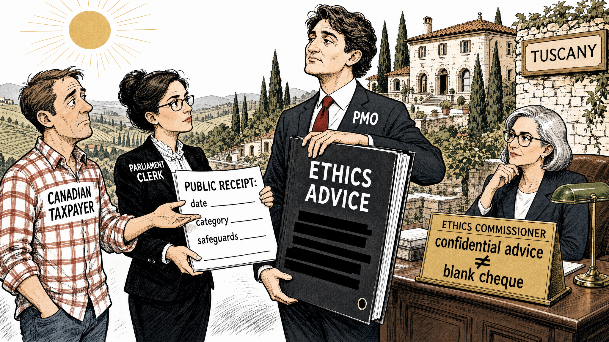 Editorial cartoon showing a PMO figure in Tuscany beside a redacted ethics-advice binder while taxpayers demand a public receipt