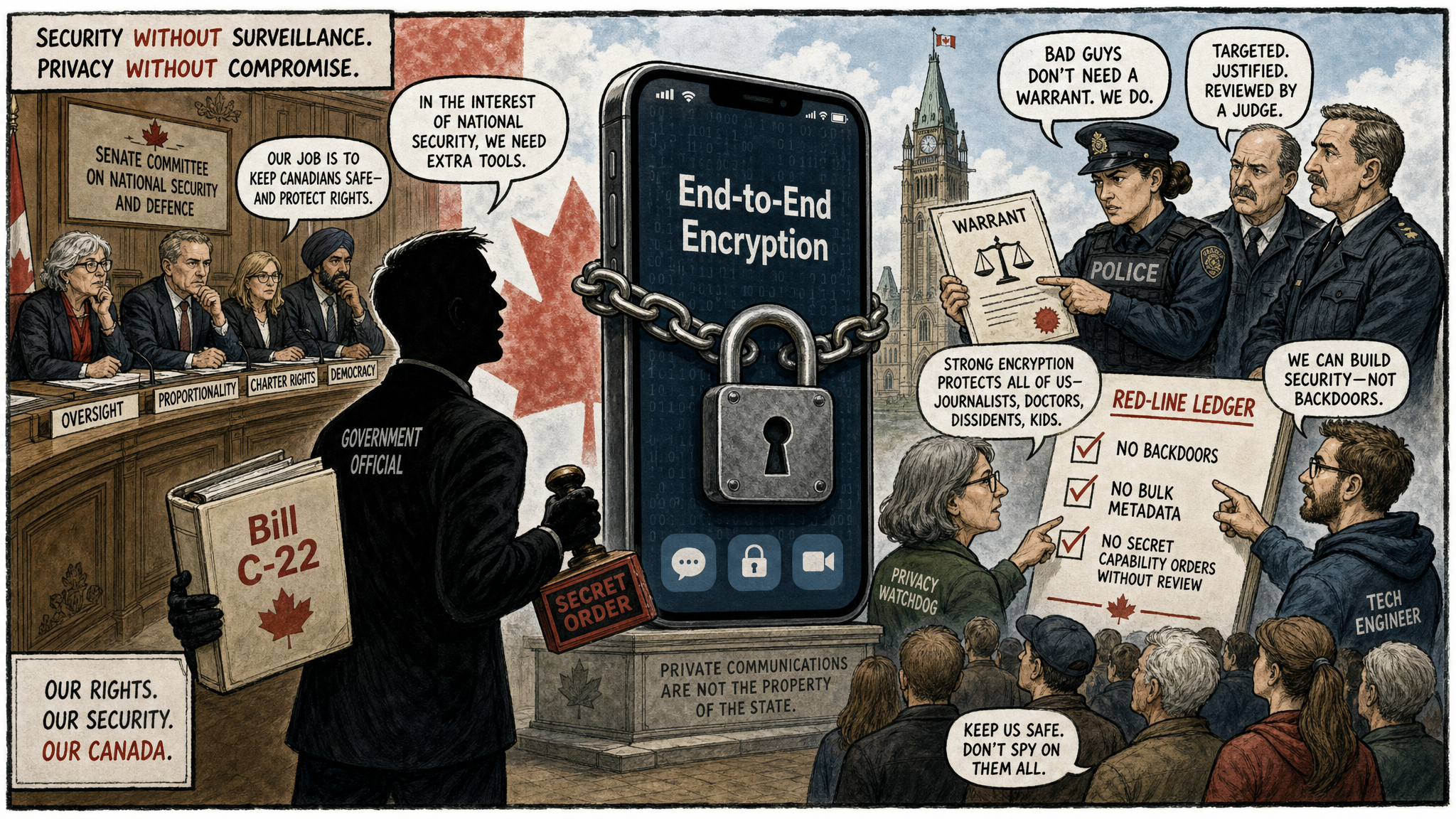 Editorial cartoon showing Bill C-22, a locked encrypted phone, secret orders and a public red-line ledger for no backdoors, metadata limits and Senate review