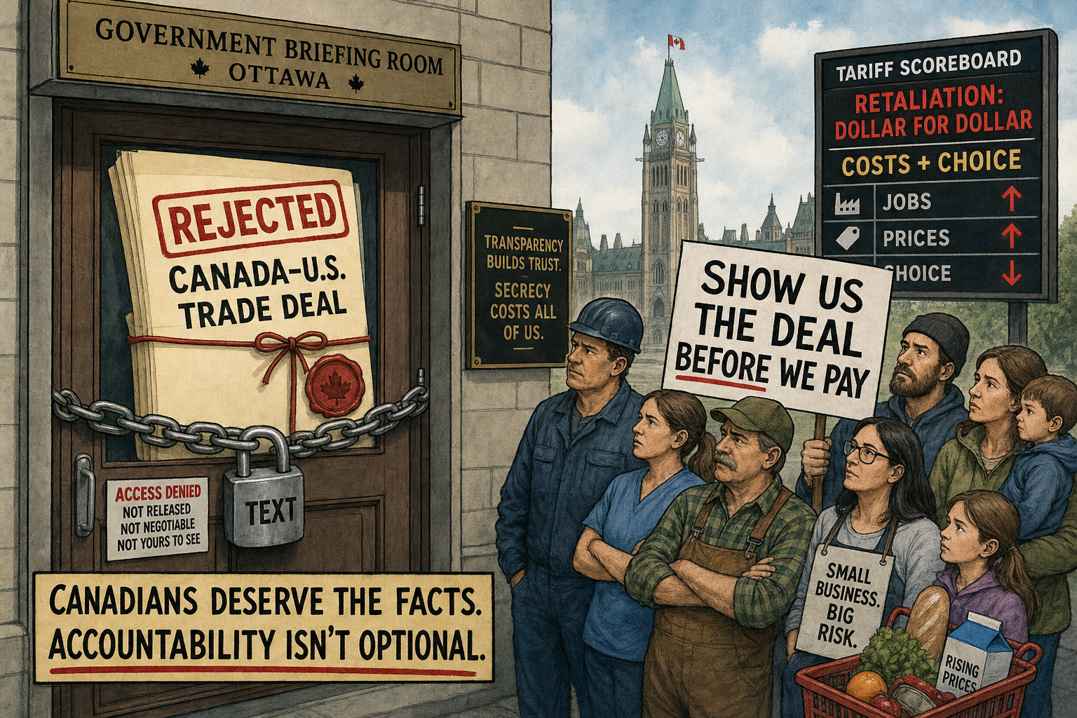 Editorial cartoon showing a locked rejected Canada U.S. trade deal text while Canadian workers, families and businesses demand to see the deal before paying retaliation costs