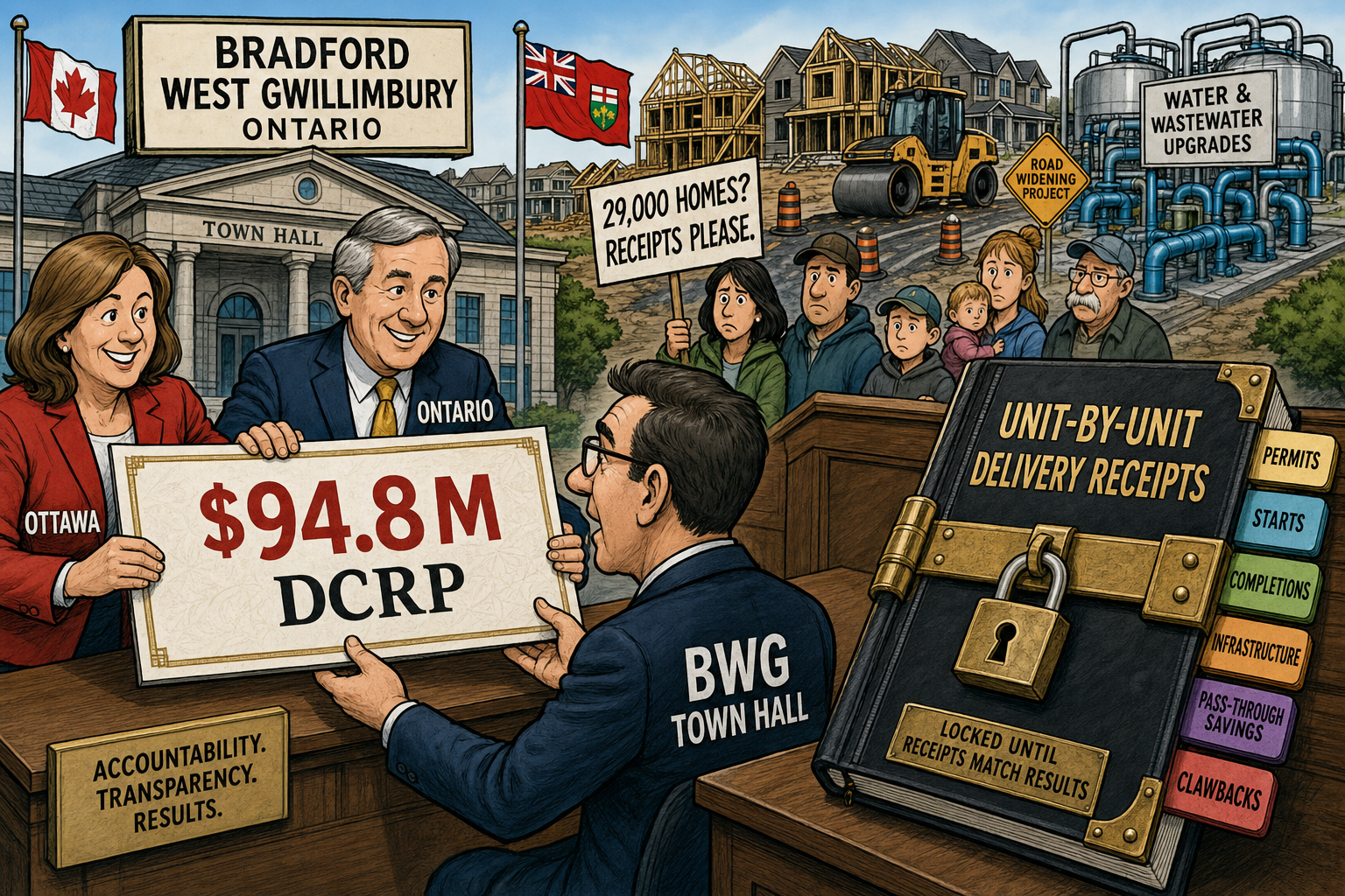 Editorial cartoon showing a $94.8M Bradford housing infrastructure cheque beside a locked unit-by-unit delivery receipts ledger while taxpayers ask to see the math