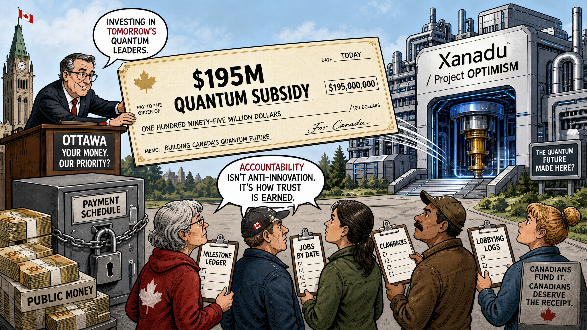 Editorial cartoon showing a $195M quantum subsidy cheque, a Xanadu quantum factory and taxpayers demanding milestone, jobs, IP and clawback receipts