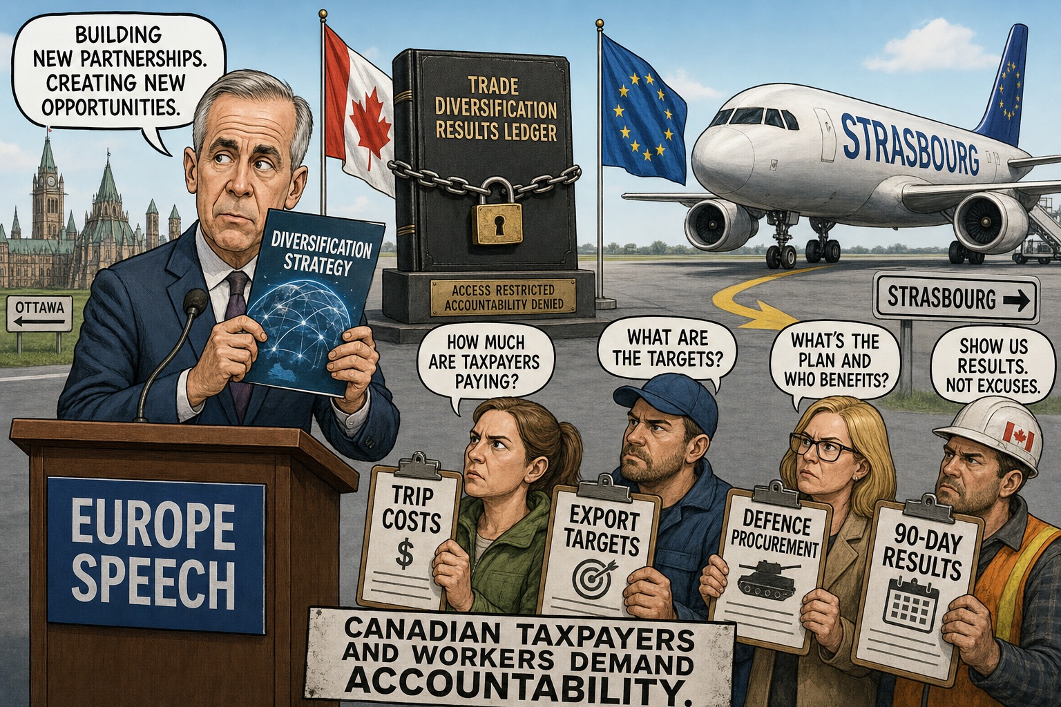 Editorial cartoon showing Mark Carney heading to a Europe speech while Canadian taxpayers demand a trade diversification results ledger.