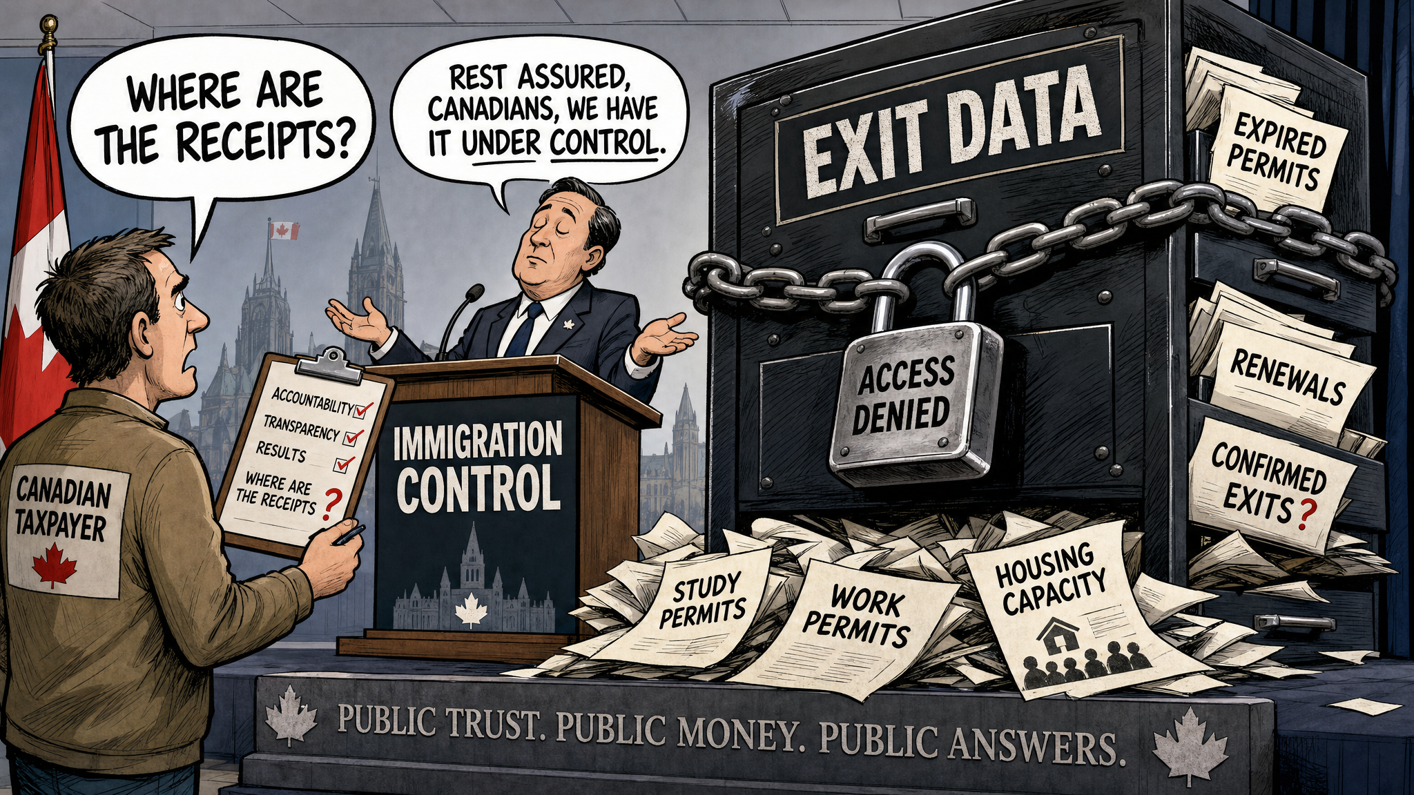 Editorial cartoon showing a locked immigration exit-data cabinet while taxpayers demand confirmed exits, renewals, expired-permit and housing-capacity receipts.