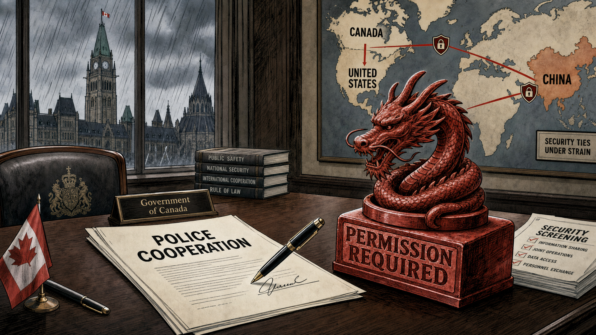 Editorial cartoon showing permission required on a Canada-China policing document
