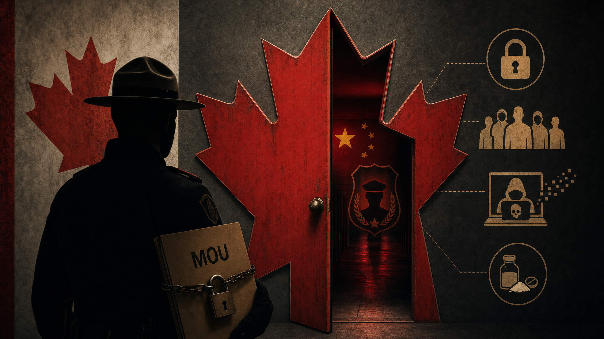 Editorial illustration of a sealed Canada-China police MOU
