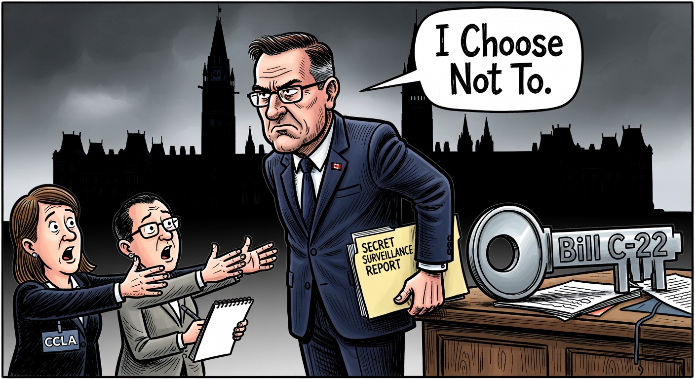 Liberal minister hides Secret Surveillance Report behind back while CCLA advocate and journalist ask for it — word bubble says 'I Choose Not To'