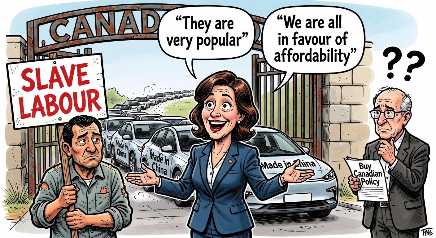 Industry Minister Mélanie Joly opens Canada to Chinese state-backed EVs as a Uyghur worker holds a slave-labour sign behind her, while Carney holds a confused Buy Canadian Policy document
