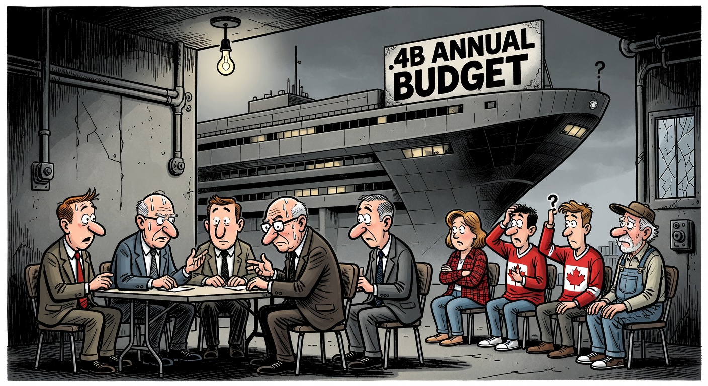 Privy Council Office bureaucrats running secret focus groups asking Canadians whether to cut CBC funding while CBC mothership building looms with $1.4B annual subsidy sign