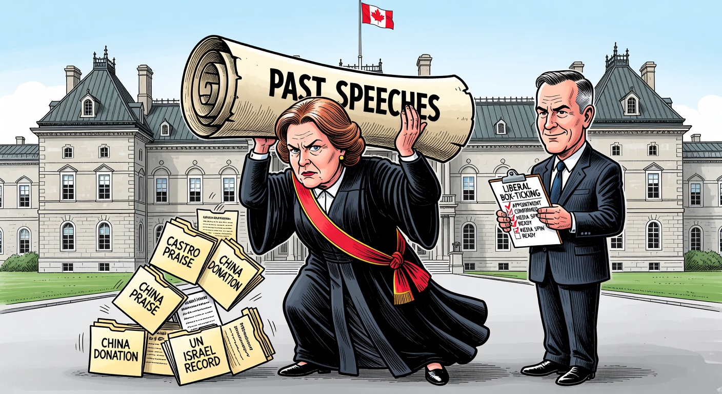 Louise Arbour in vice-regal robes holds a scroll labelled Past Speeches with folders labelled Castro praise, China donation and UN Israel record falling at her feet, while Mark Carney stands beside her checking a Liberal box-ticking clipboard