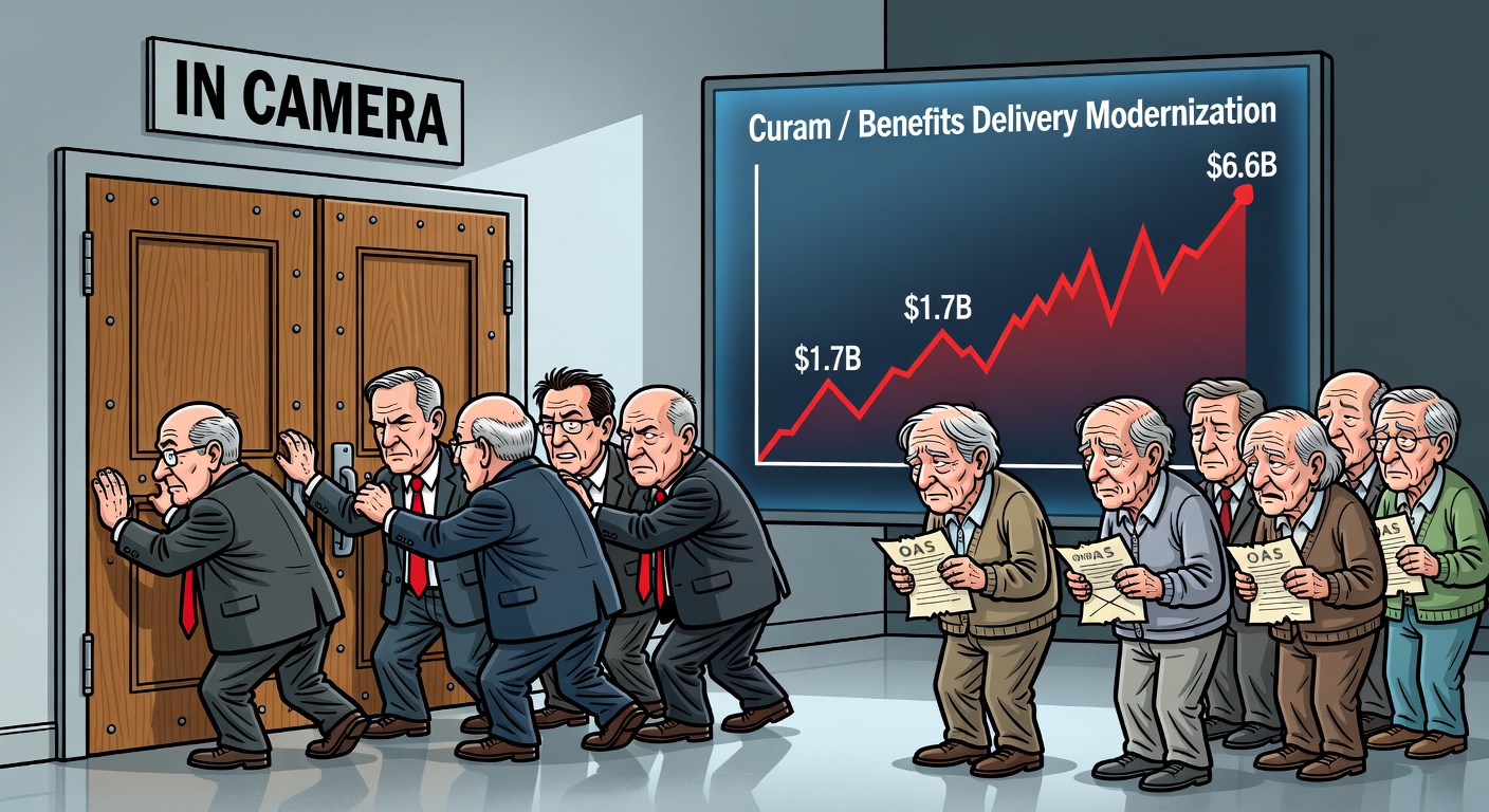 Liberal MPs shut committee doors marked in camera while seniors wait outside a $6.6 billion benefits IT modernization project