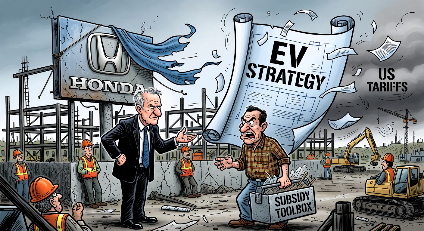 Mark Carney stands beside an abandoned Ontario EV factory construction site as an EV strategy blueprint blows away