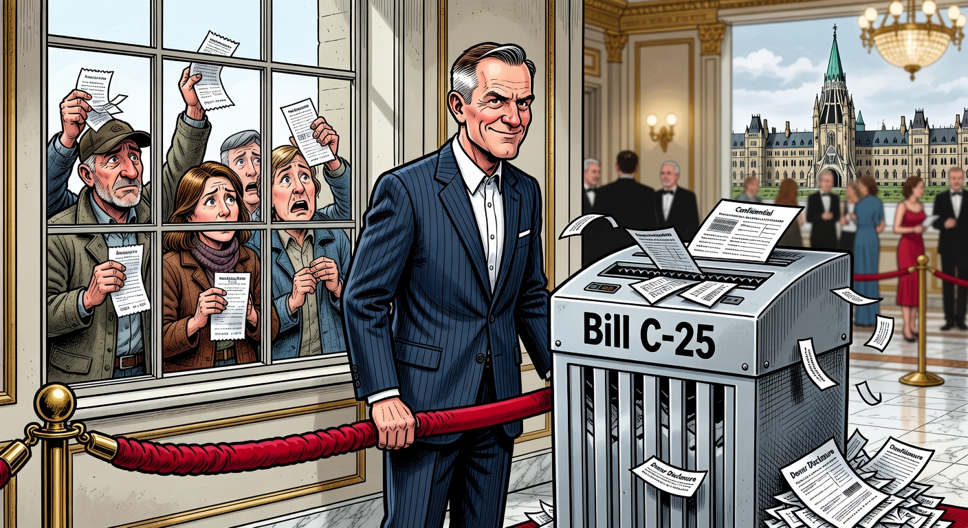 Mark Carney at a velvet-rope Liberal fundraiser while Bill C-25 shreds donor disclosure forms