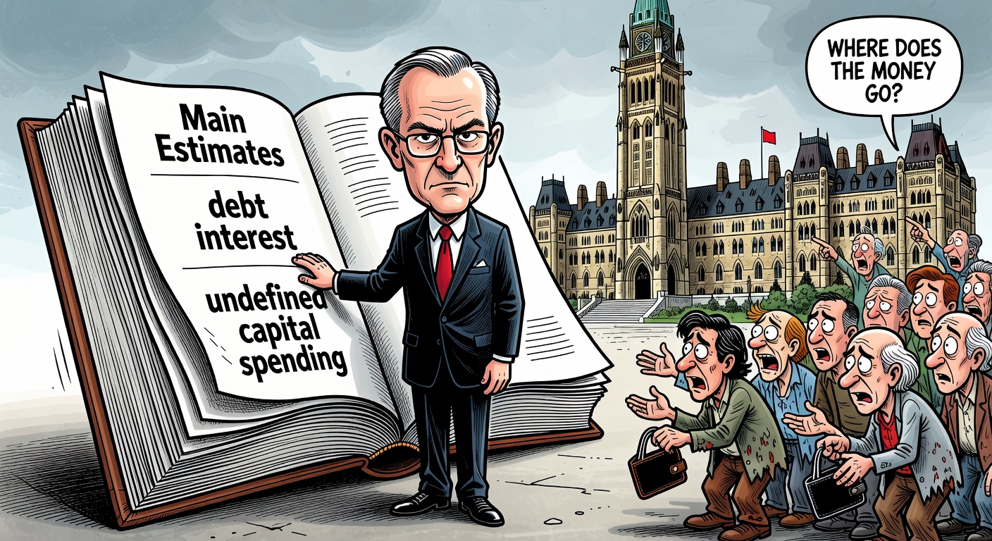 Mark Carney beside a giant federal spending ledger while taxpayers and Parliament ask where the money goes