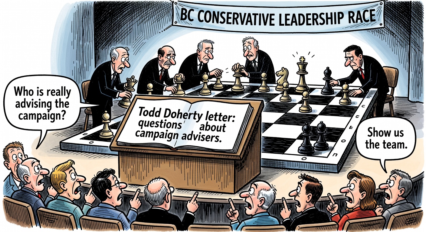 BC Conservative leadership race chessboard with Todd Doherty letter asking about campaign advisers