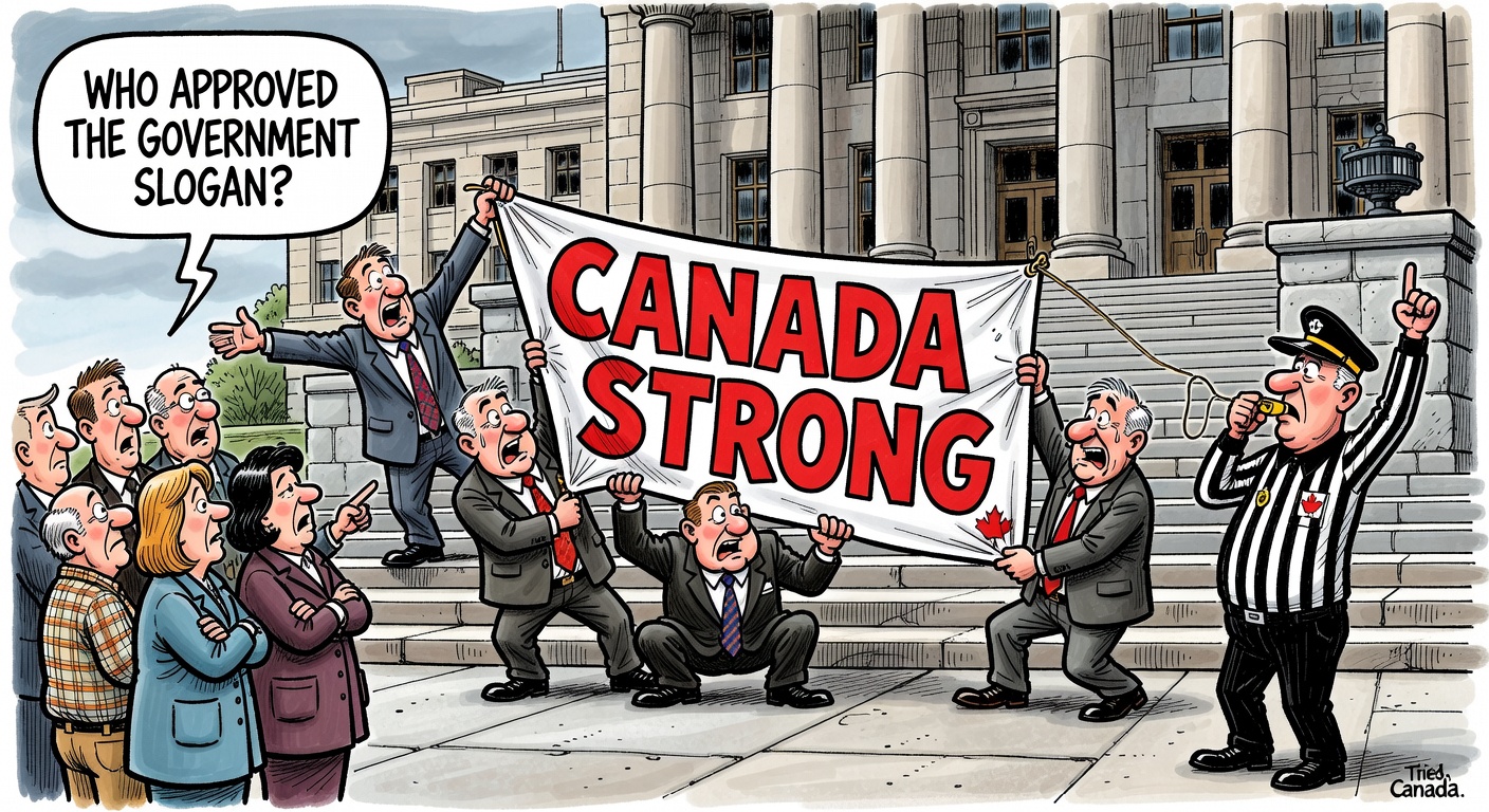 Canada Strong banner with watchdog referee blowing whistle over government advertising rules