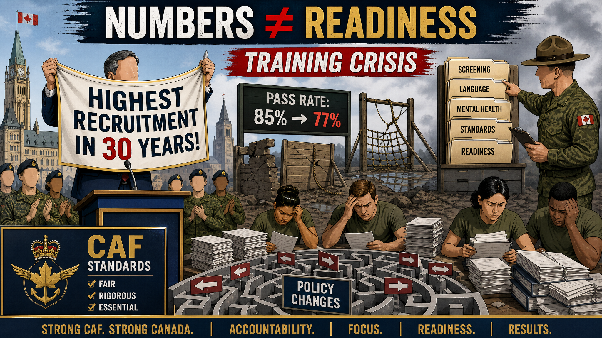 Editorial cartoon about CAF recruitment numbers versus basic training readiness