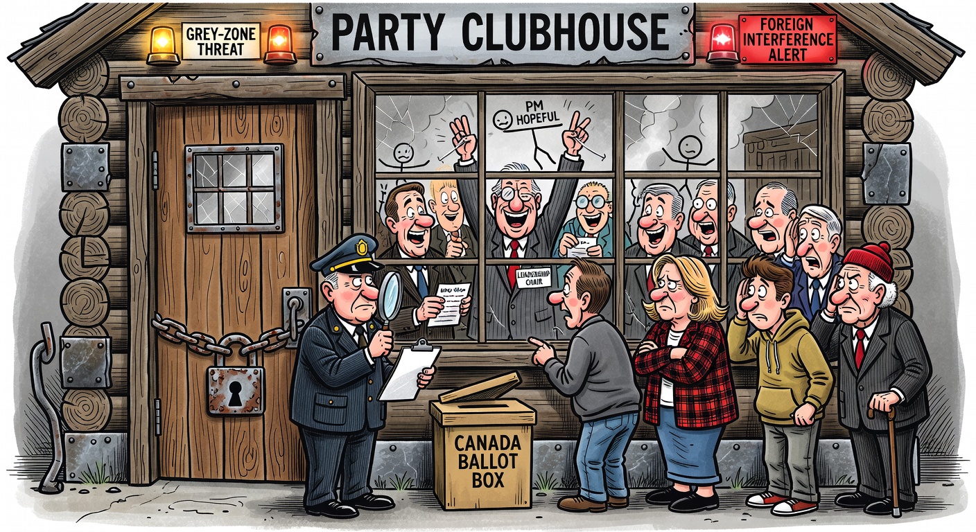 Editorial cartoon about leadership and nomination contests as a foreign-interference blind spot