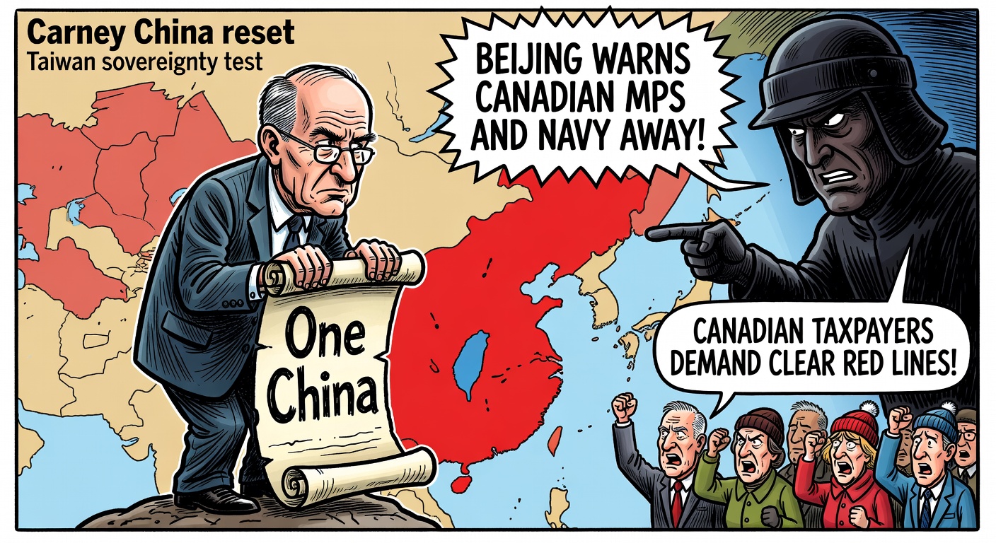 Editorial cartoon about Carney's China reset facing a Taiwan sovereignty test