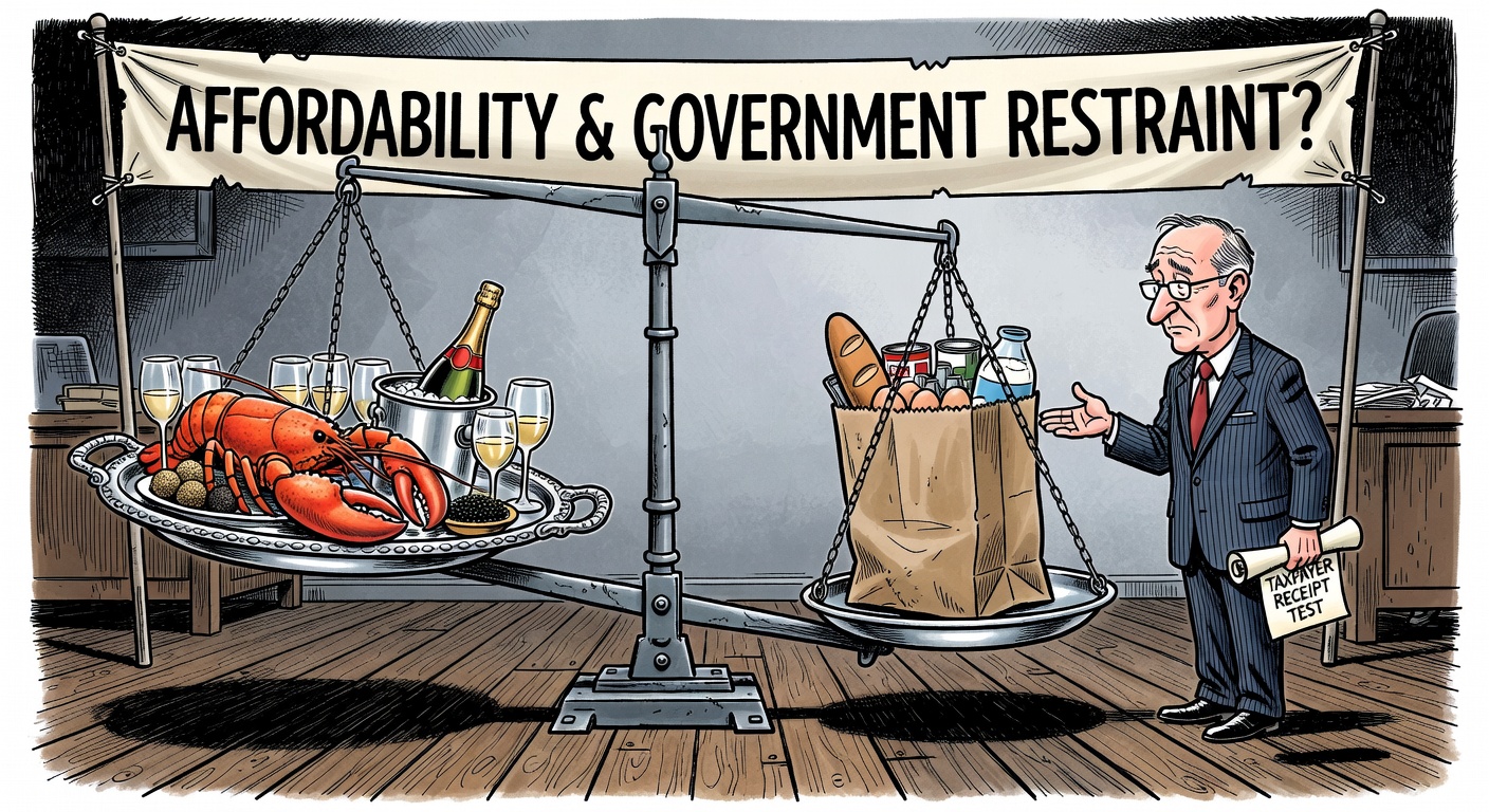 Editorial cartoon showing Mark Carney's airplane catering bill being weighed against Canadian grocery bills