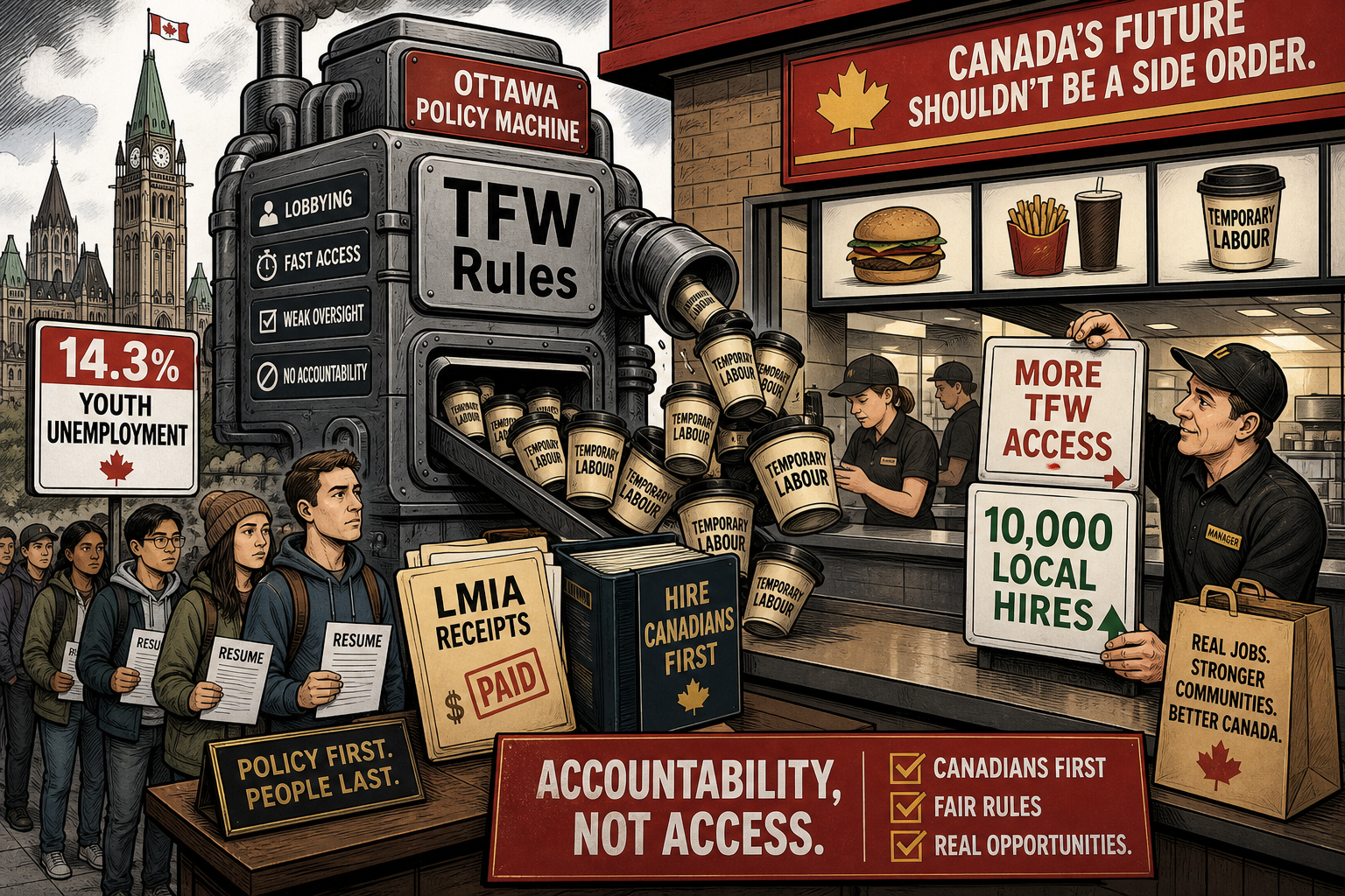 Editorial cartoon showing Ottawa TFW rules, youth unemployment and a fast-food counter pivoting to 10,000 local hires