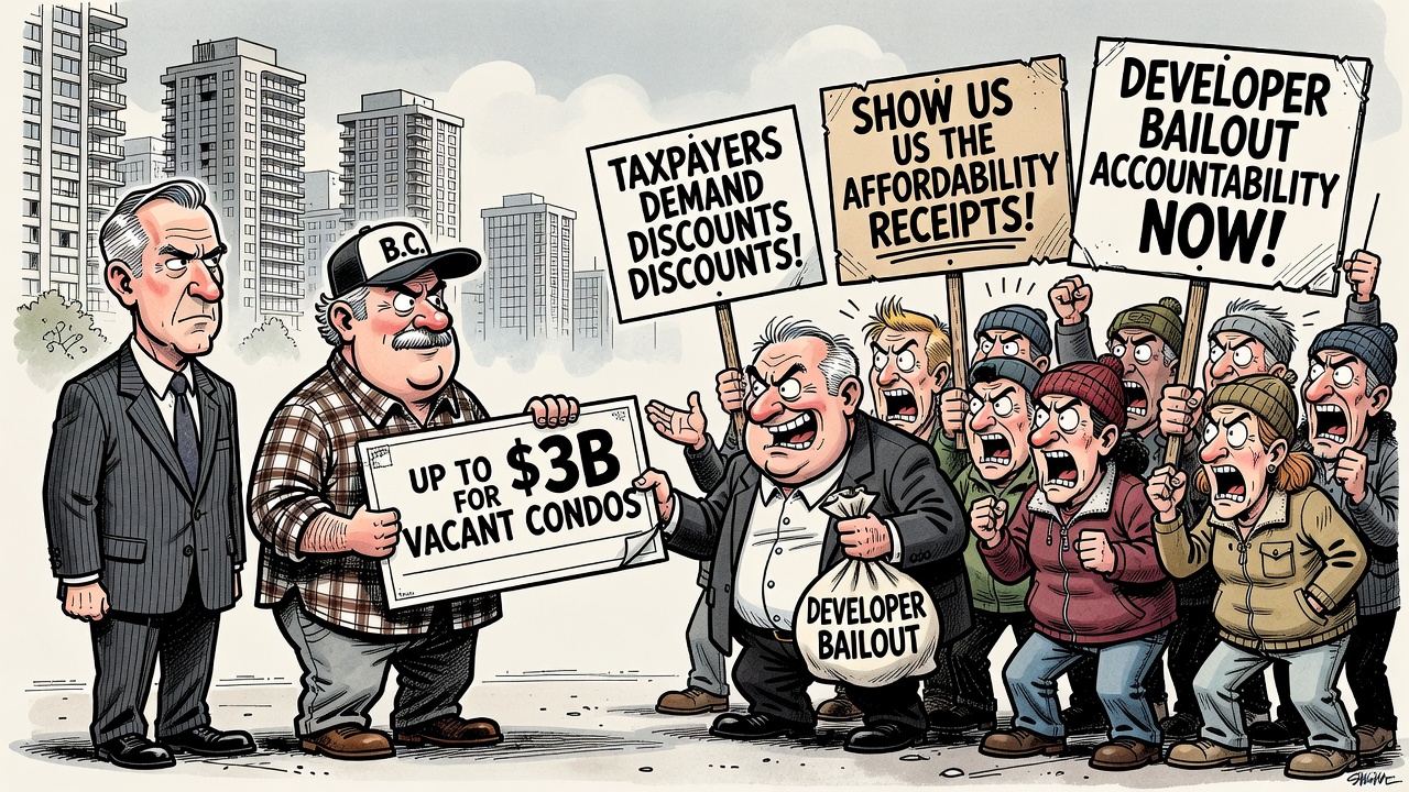 Editorial cartoon showing Mark Carney and B.C. officials buying vacant condos while taxpayers demand discount and affordability receipts