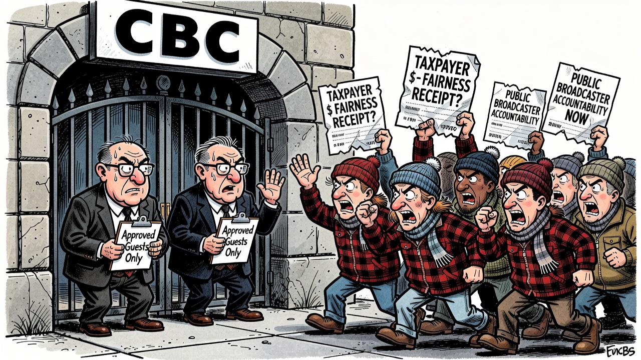 Editorial cartoon showing CBC political booking gatekeepers blocking opposition interviews while taxpayers demand public broadcaster fairness receipts