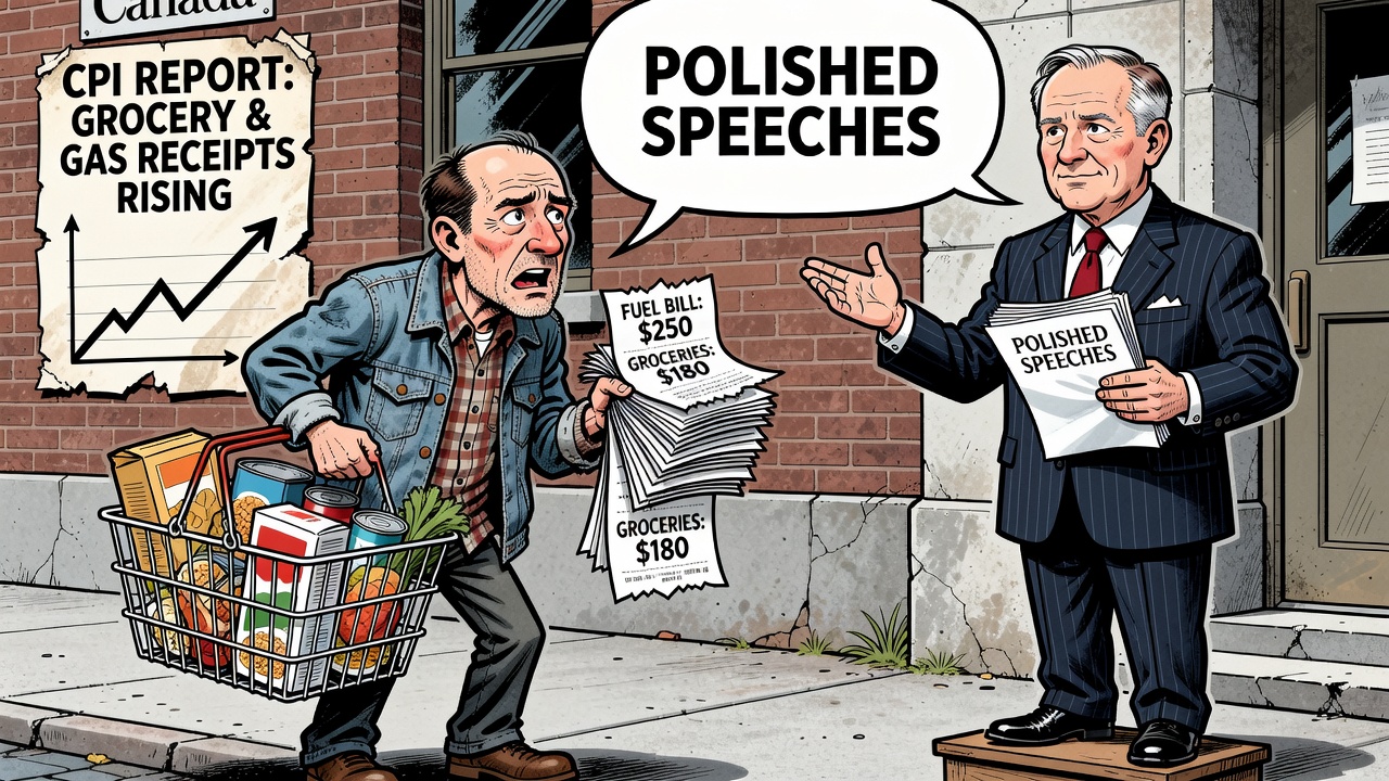 Editorial cartoon showing a Canadian shopper and driver holding grocery and gasoline receipts while Mark Carney offers affordability speeches