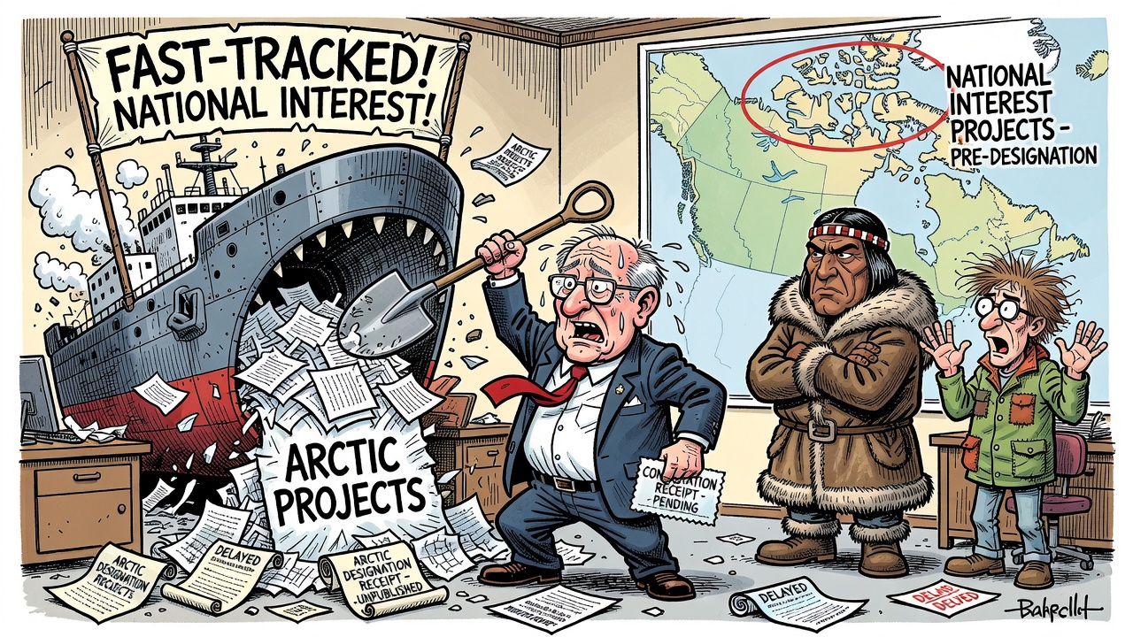 Editorial cartoon showing Ottawa fast-tracking Arctic infrastructure projects while a taxpayer asks for designation consultation and environmental receipts
