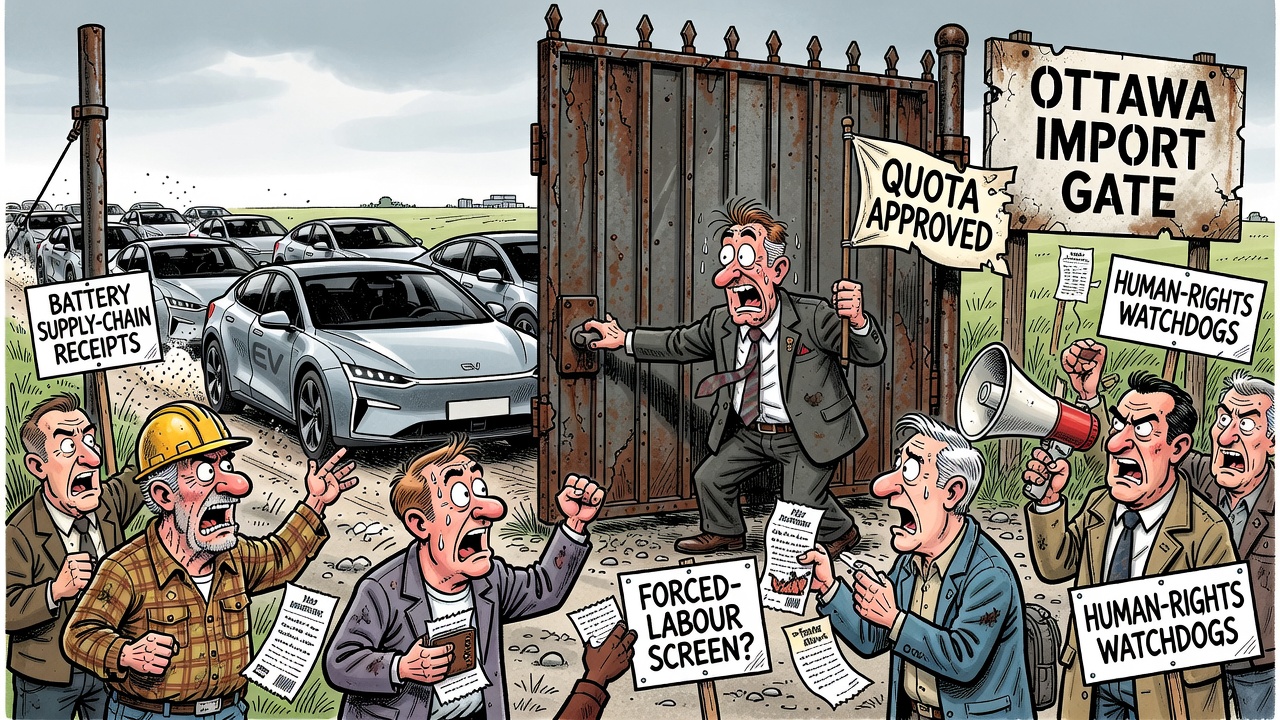 Editorial cartoon showing Ottawa opening a Chinese EV quota gate while taxpayers auto workers and human-rights watchdogs demand battery supply-chain forced-labour receipts