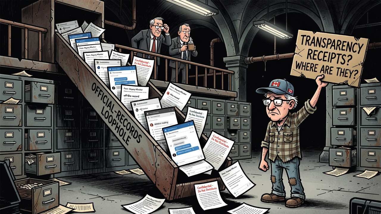 Editorial cartoon showing Ottawa narrowing access to information while emails texts and digital chats fall through an official-records loophole