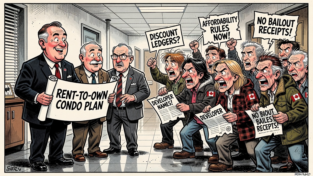 Editorial cartoon showing Carney and B.C. officials offering rent-to-own condo conversions while taxpayers demand discount ledgers and developer receipts