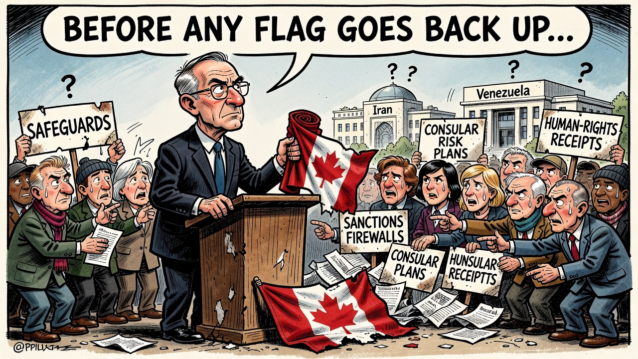 Editorial cartoon showing Canada considering reopened embassies in Iran and Venezuela while taxpayers and diaspora families demand safeguards and receipts